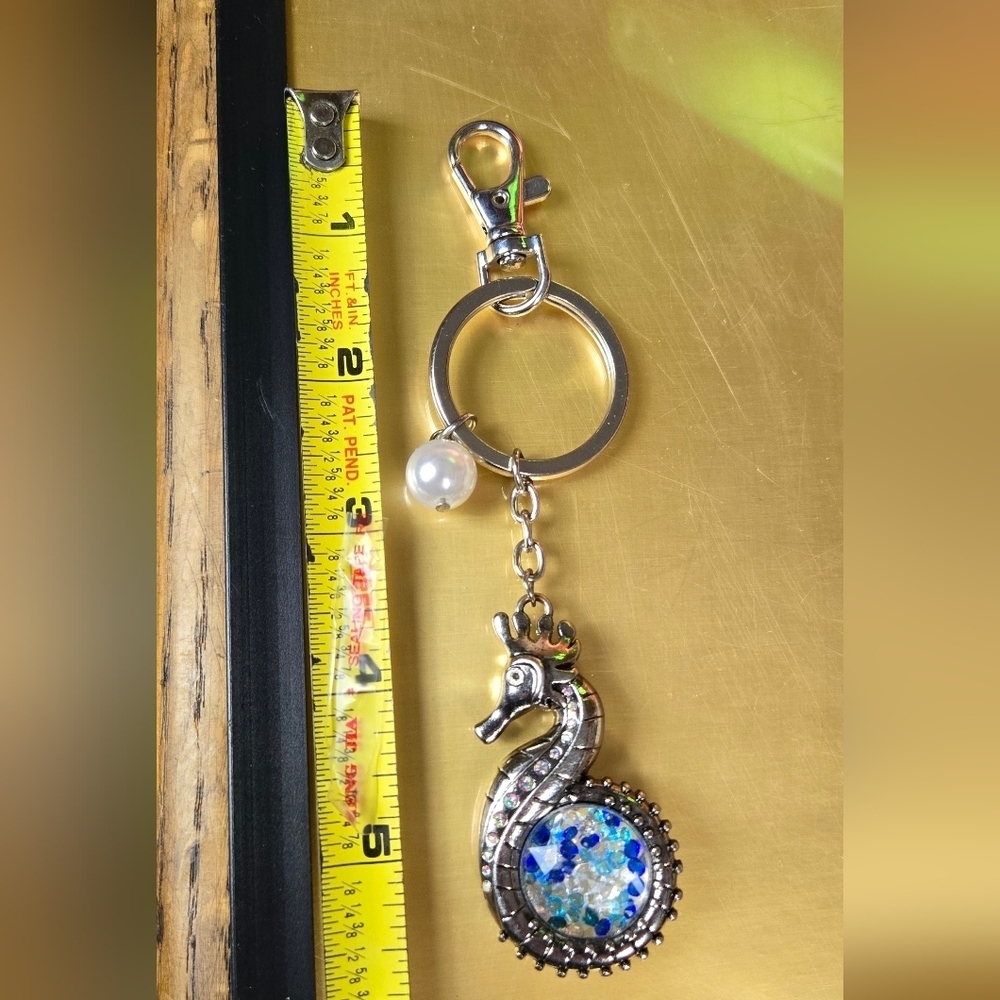Silver Tone Vtg Seahorse Keychain/ Bag Charm  with Blue Crystal Accents - Picture 4 of 17